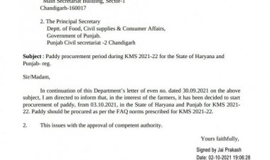 Paddy procurement starts in Punjab and Haryana on Oct 3; decision to delay procurement would have virtually negated scientific achievements